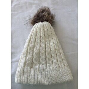 Scala Women's Cable Knit Beanie Hat w/Faux Fur Pom Pom Ivory One Size